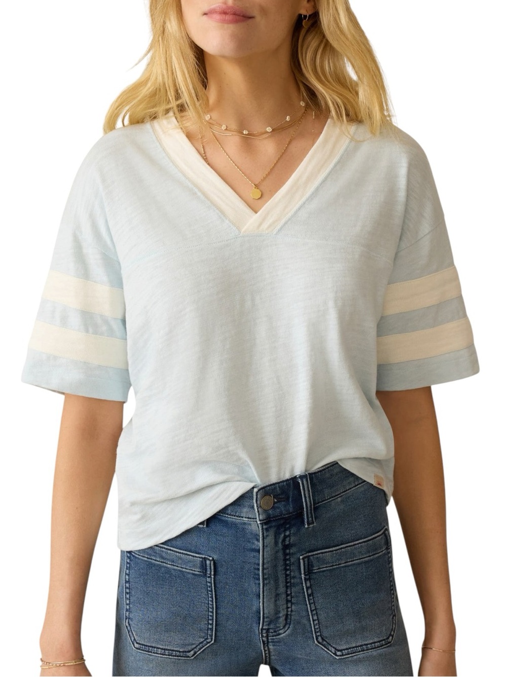 Faherty Varsity Stripe Organic Cotton Cropped Tee T-Shirt in Sky Varsity - M